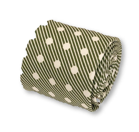 dark forest green and white striped with polka spot design cotton tie